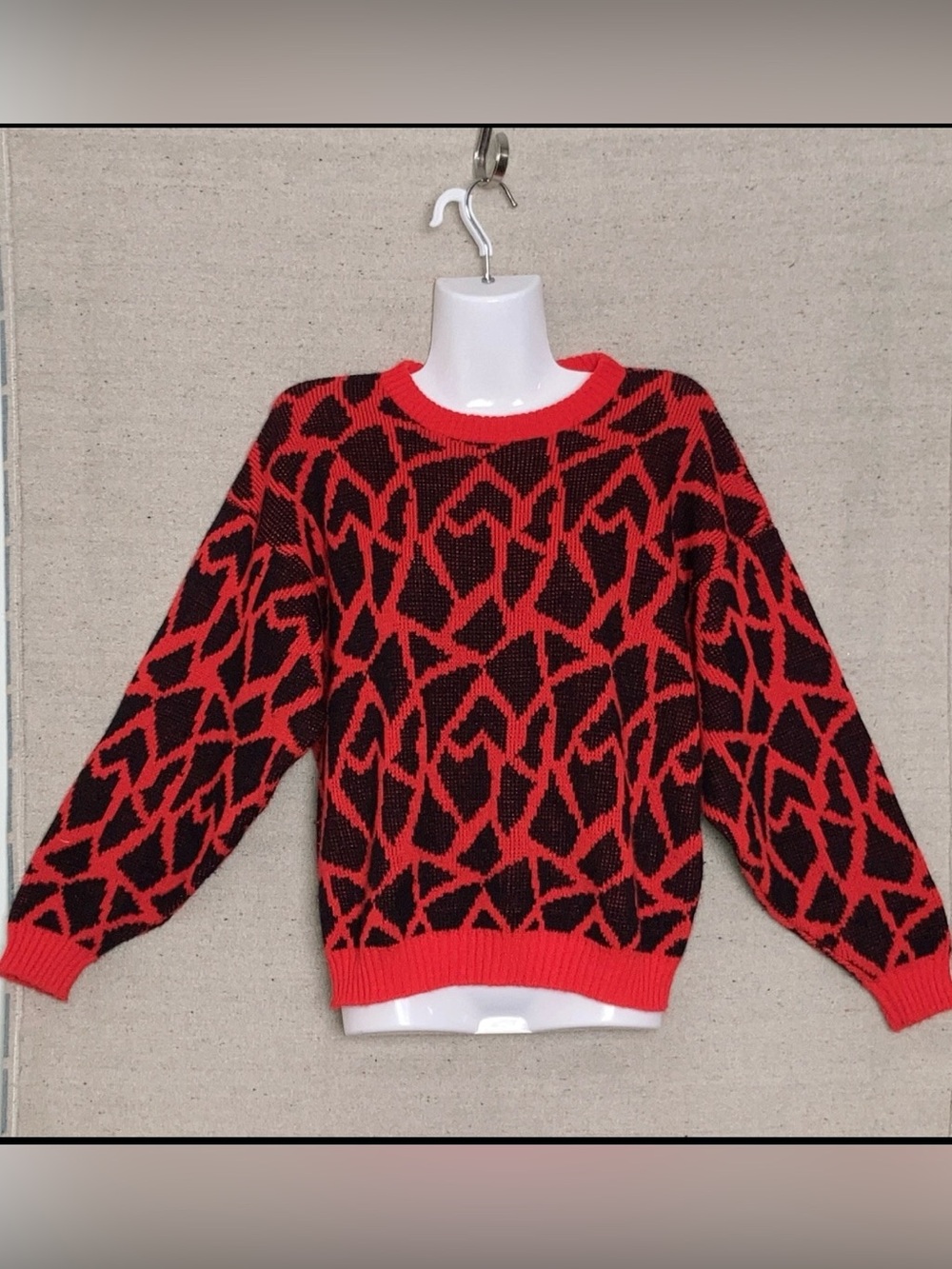 Vintage In Charge Red Black & Abstract Geometric Sweater Puff Sleeve Women’s M L